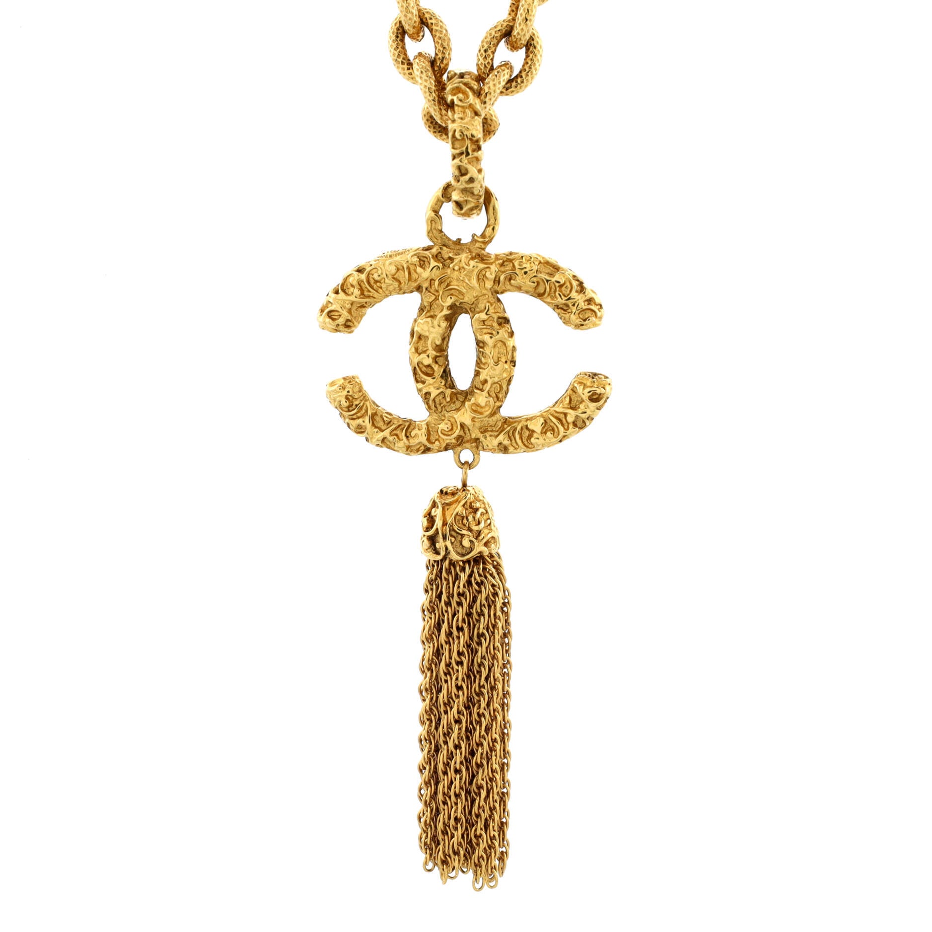 Vintage Tassel CC Pendant Long Necklace Metal
