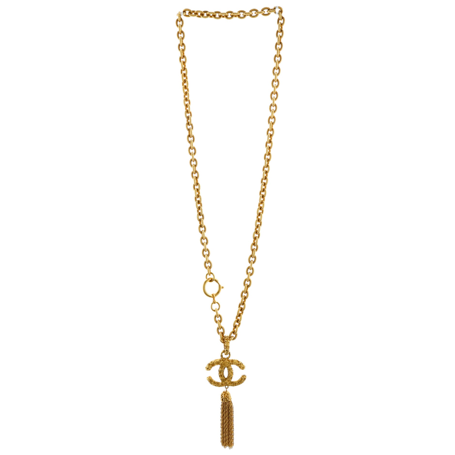 Vintage Tassel CC Pendant Long Necklace Metal