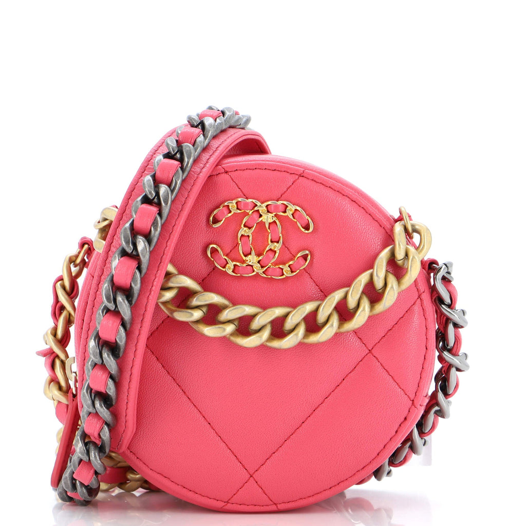 19 Round Clutch with Chain Quilted Leather