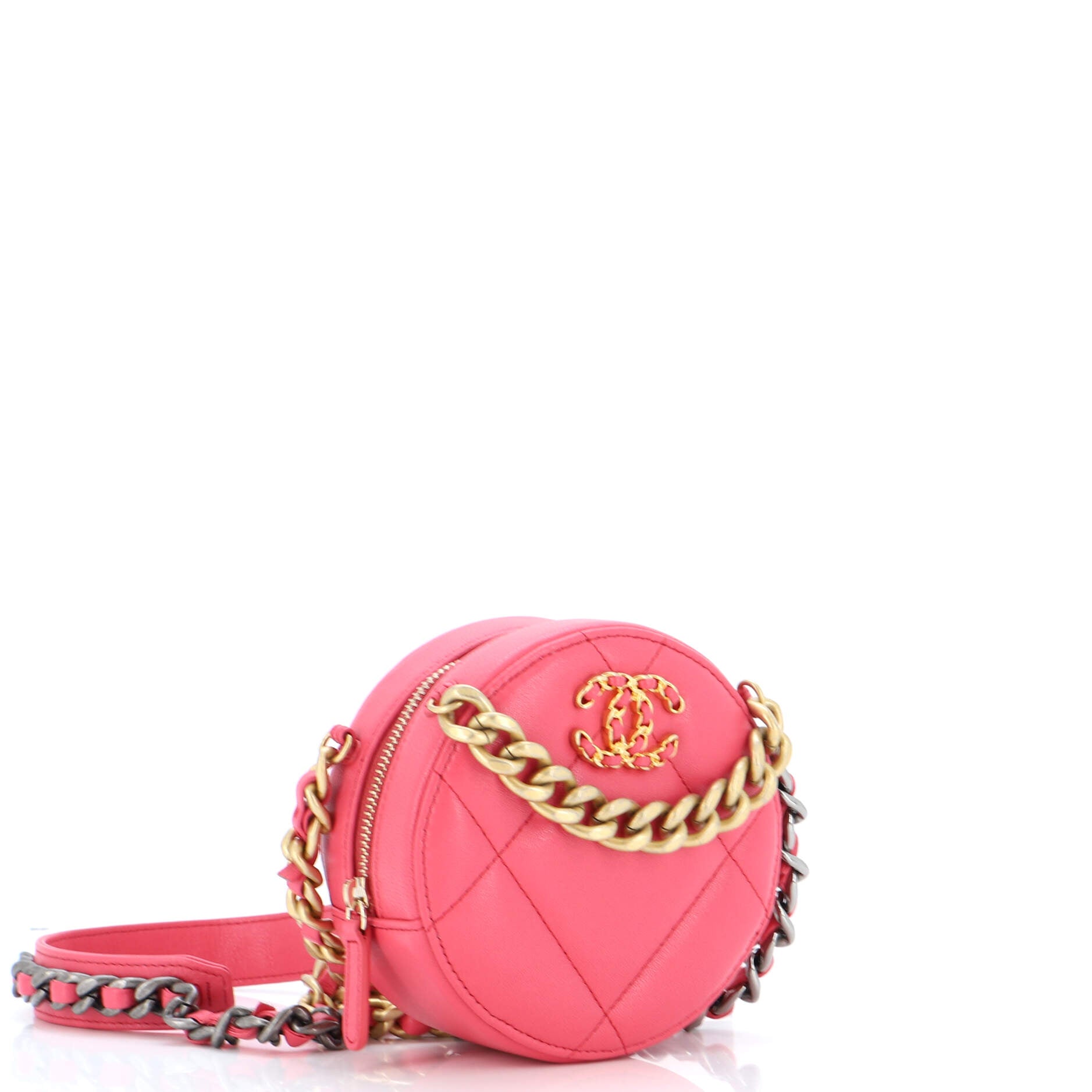 19 Round Clutch with Chain Quilted Leather