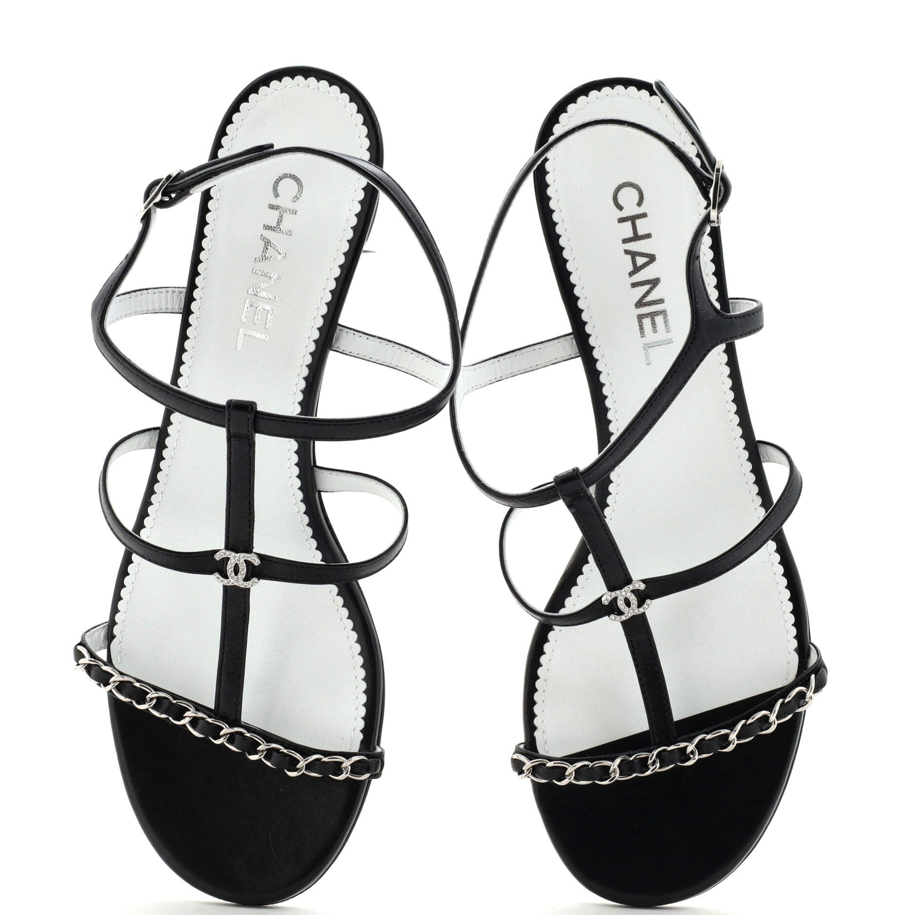 Women's Crystal CC Chain Caged Sandals Leather
