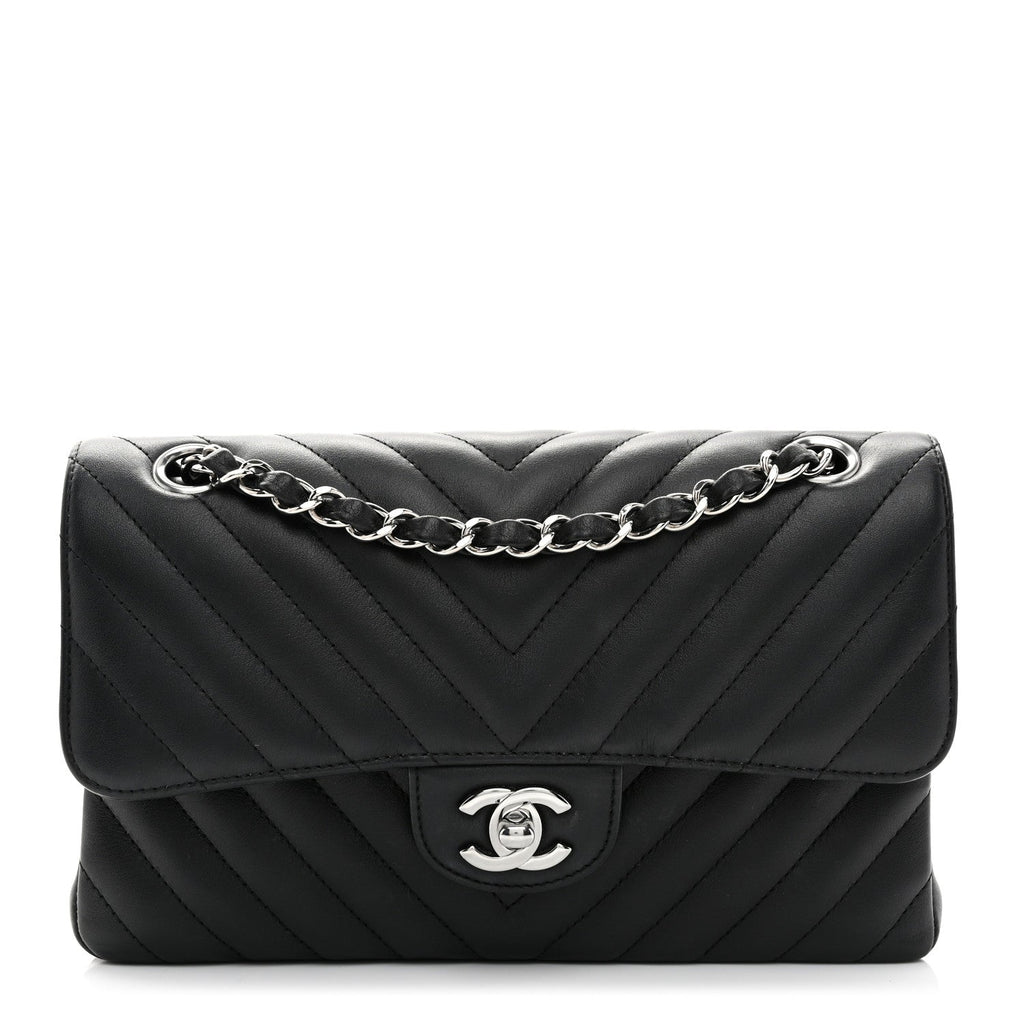 Calfskin Chevron Quilted Small Double Flap Black