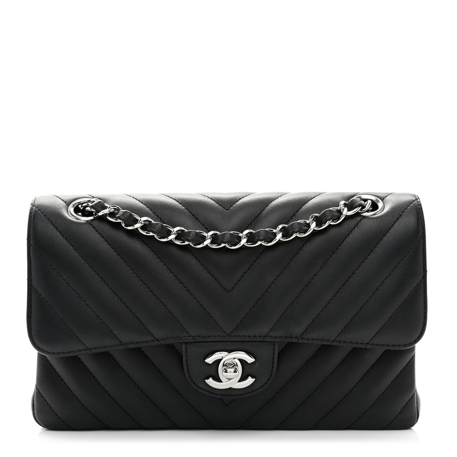 Calfskin Chevron Quilted Small Double Flap Black