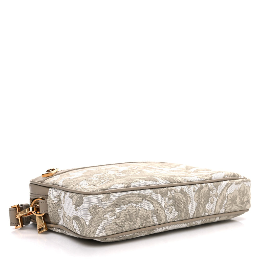 Fabric Jacquard Calfskin Barocco Wristlet Pouch Beige