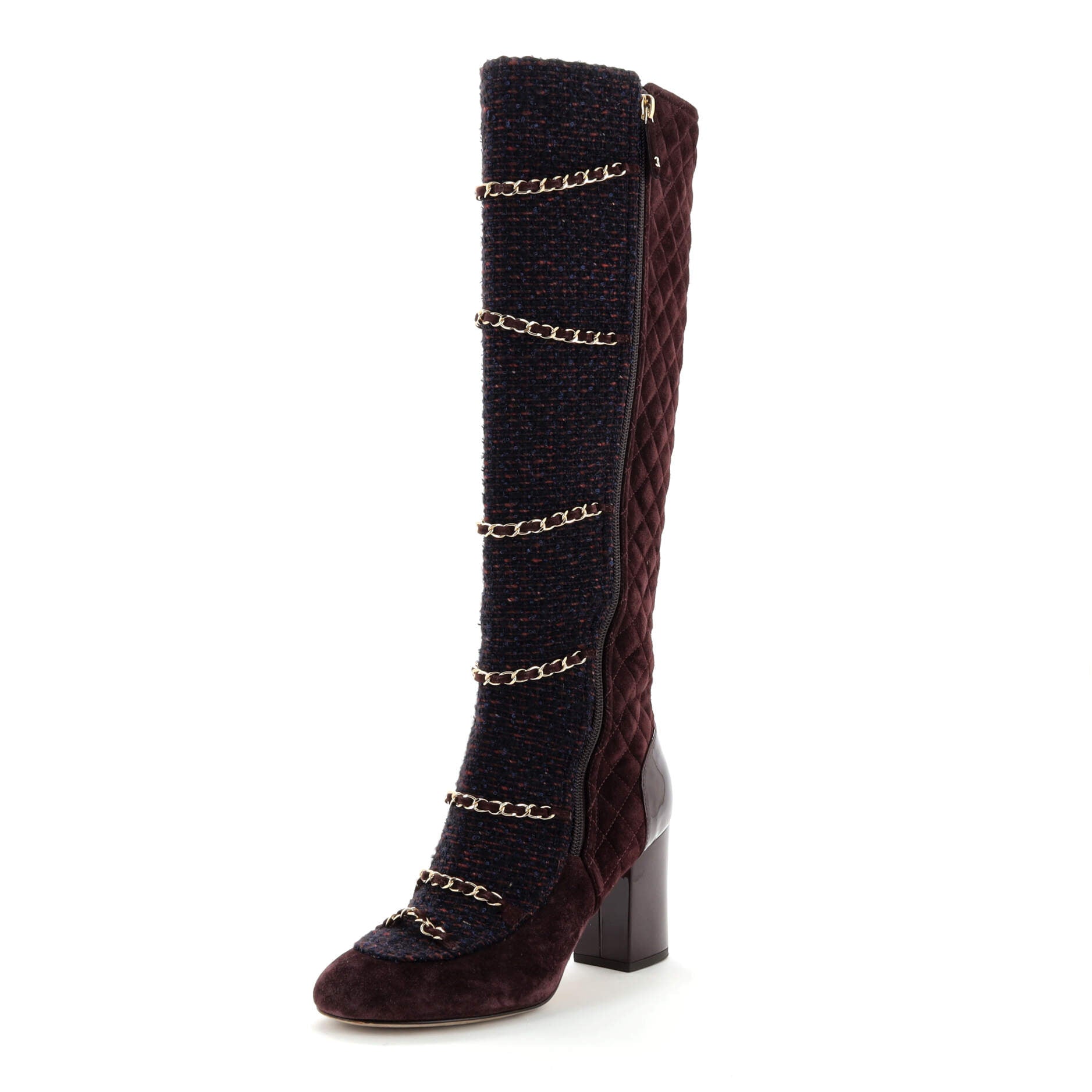 Women's Chained Zip Knee High Boots Quilted Suede and Tweed