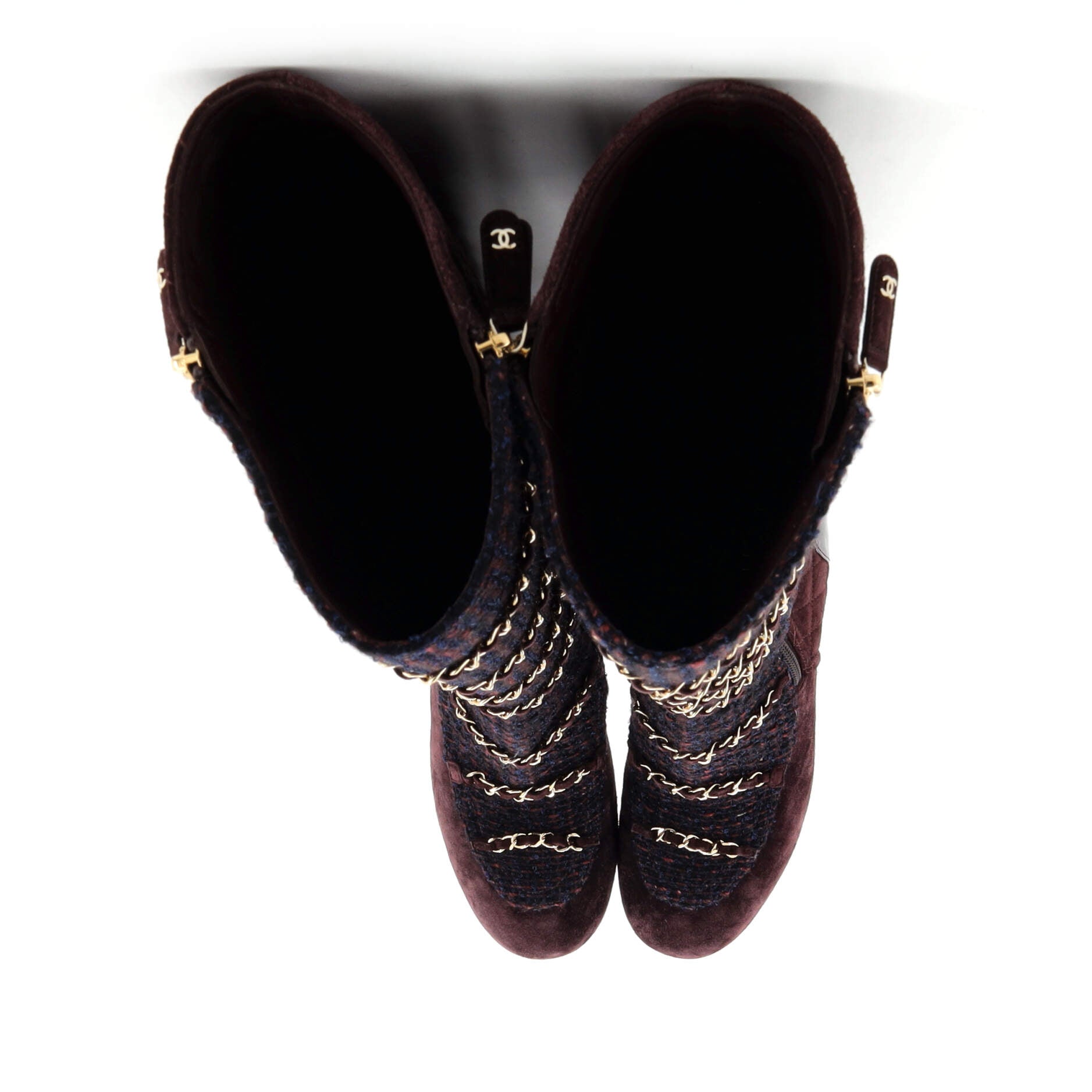 Women's Chained Zip Knee High Boots Quilted Suede and Tweed