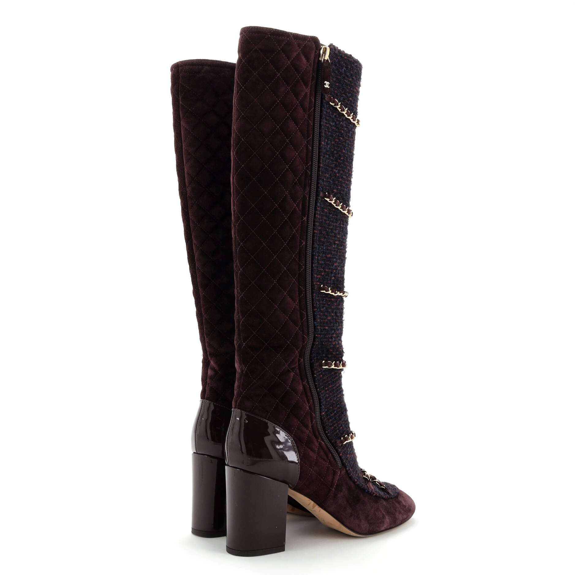 Women's Chained Zip Knee High Boots Quilted Suede and Tweed
