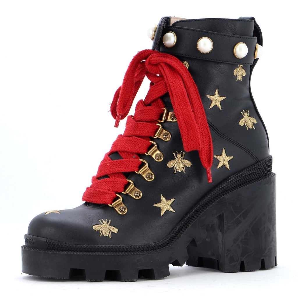 Women's Heeled Lace Up Combat Ankle Boots Leather with Faux Pearls
