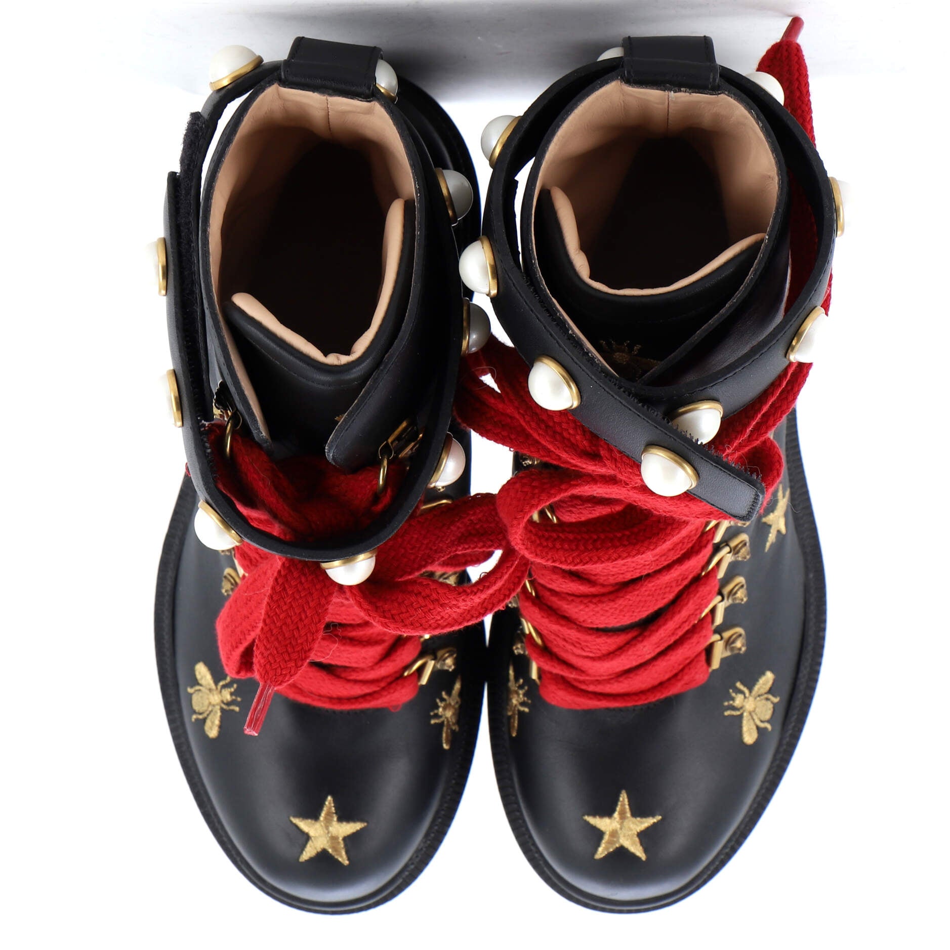 Women's Heeled Lace Up Combat Ankle Boots Leather with Faux Pearls