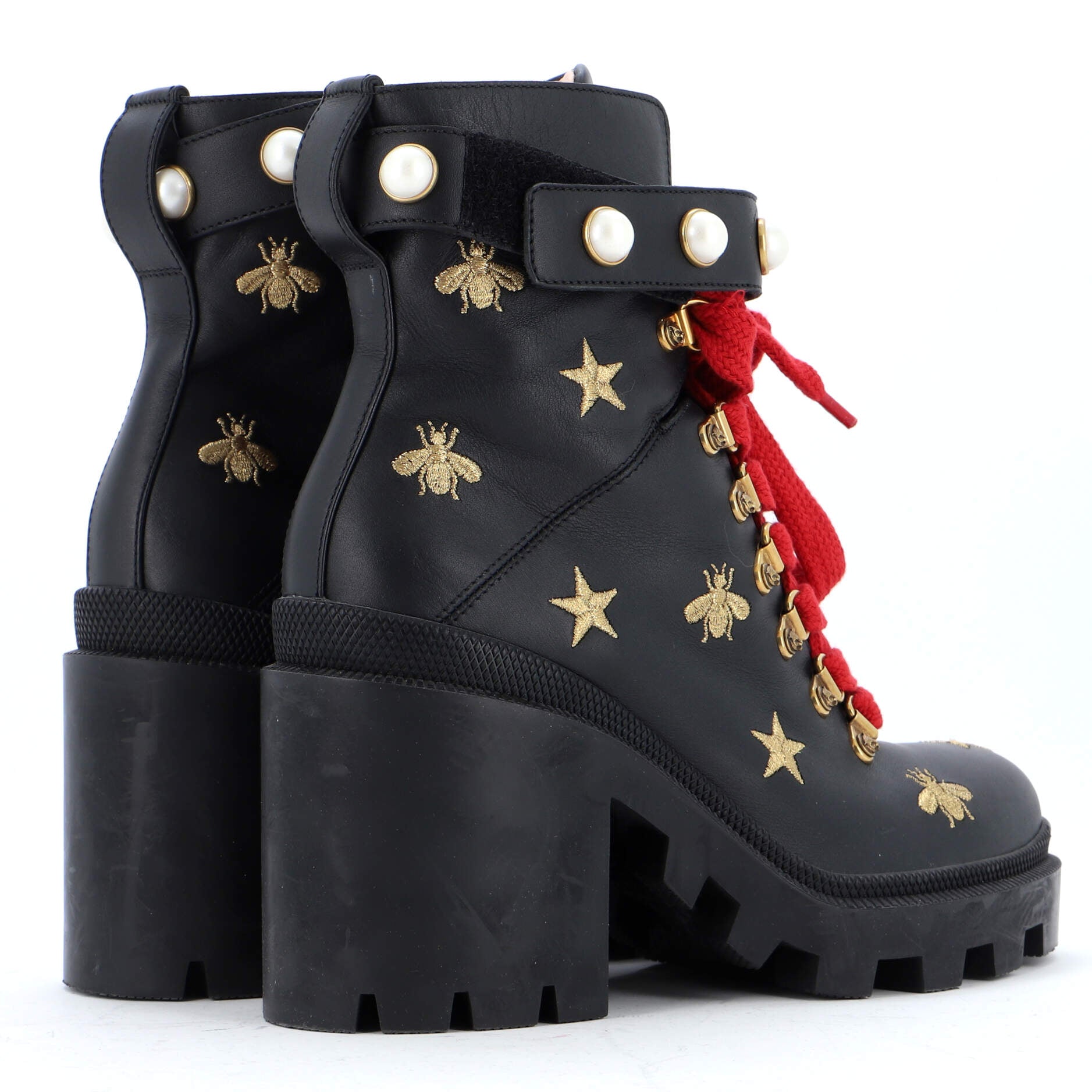 Women's Heeled Lace Up Combat Ankle Boots Leather with Faux Pearls