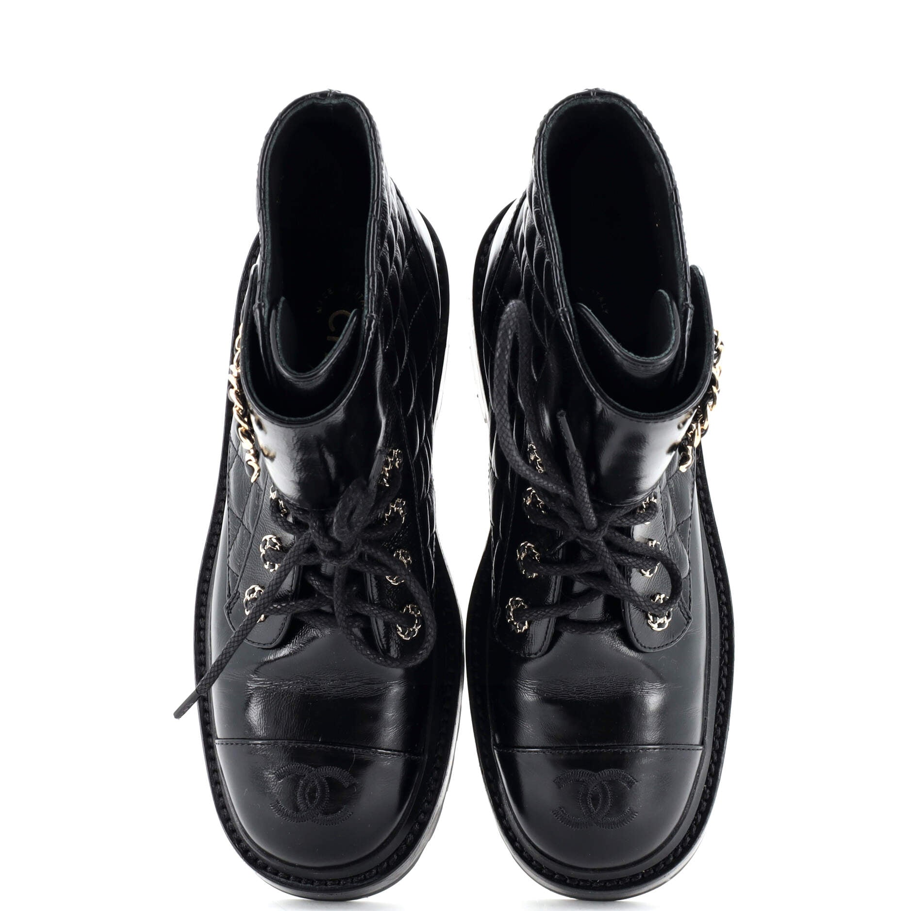 Women's Chain CC Cap Toe Lace Up Combat Boots Quilted Shiny Calfskin