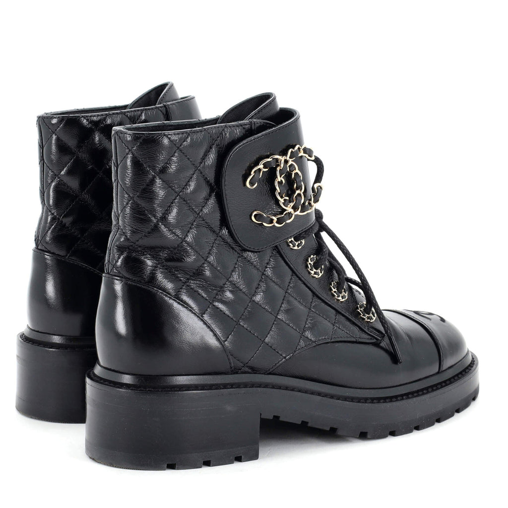 Women's Chain CC Cap Toe Lace Up Combat Boots Quilted Shiny Calfskin