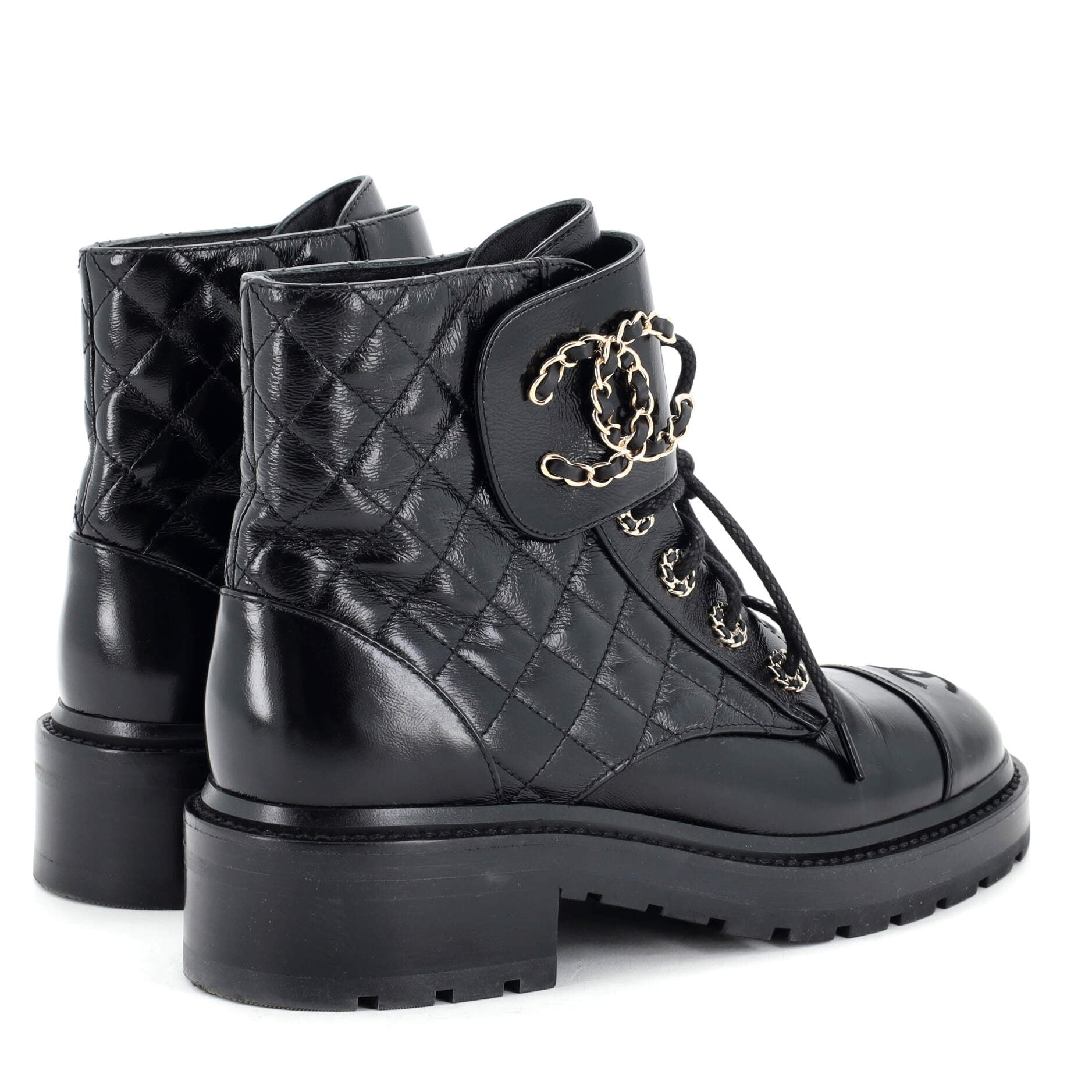Women's Chain CC Cap Toe Lace Up Combat Boots Quilted Shiny Calfskin