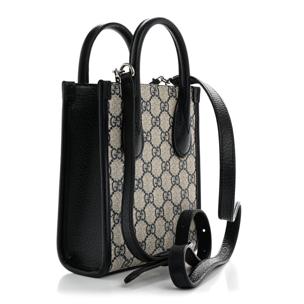 GG Supreme Monogram Textured Dollar Calfskin Mini Retro Interlocking G Tote Bag Beige Blue