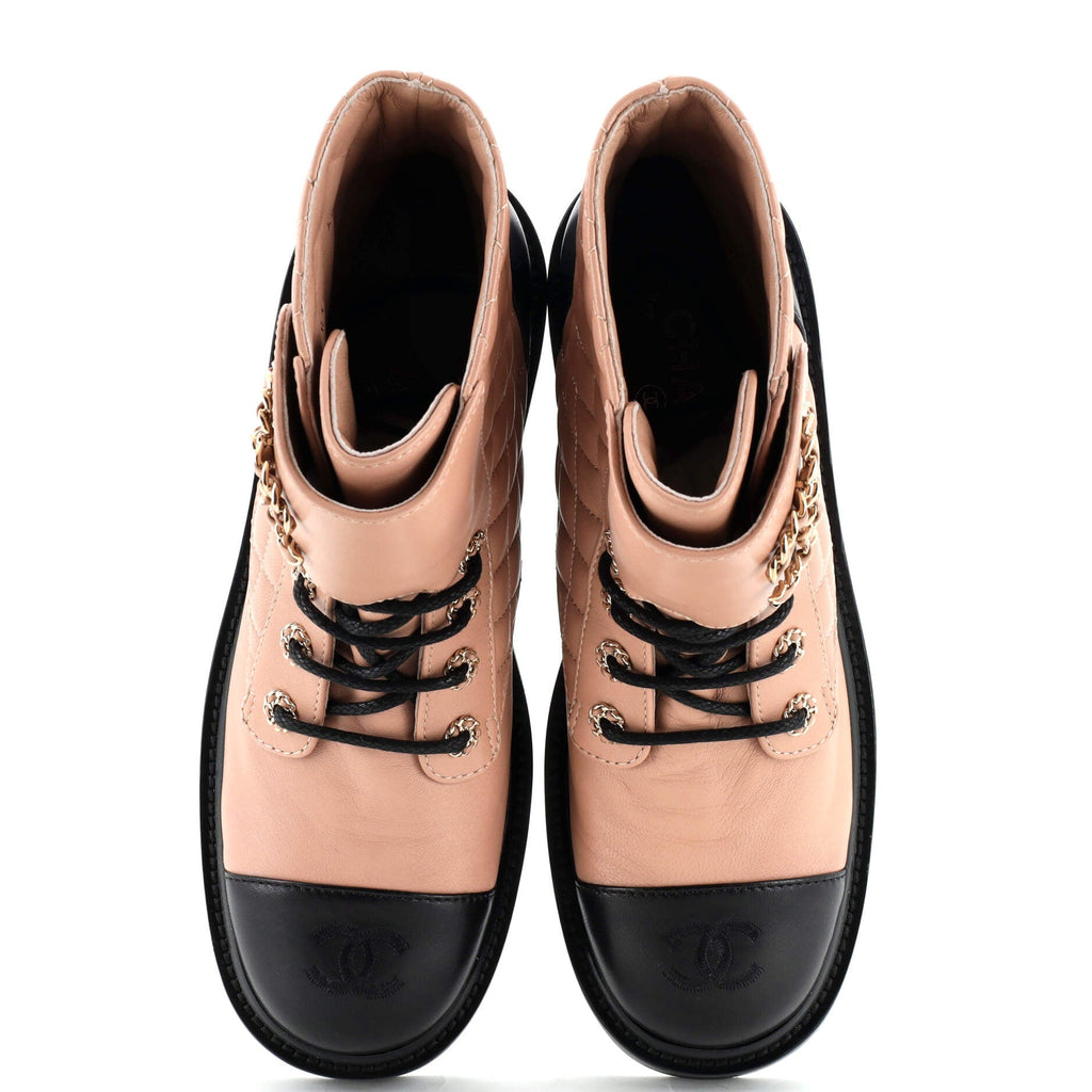 Women's Chain CC Cap Toe Lace Up Combat Boots Quilted Leather