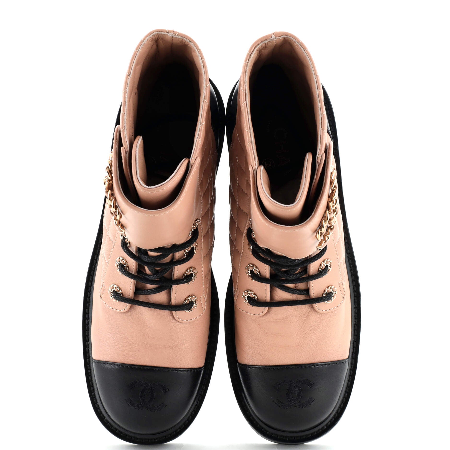 Women's Chain CC Cap Toe Lace Up Combat Boots Quilted Leather