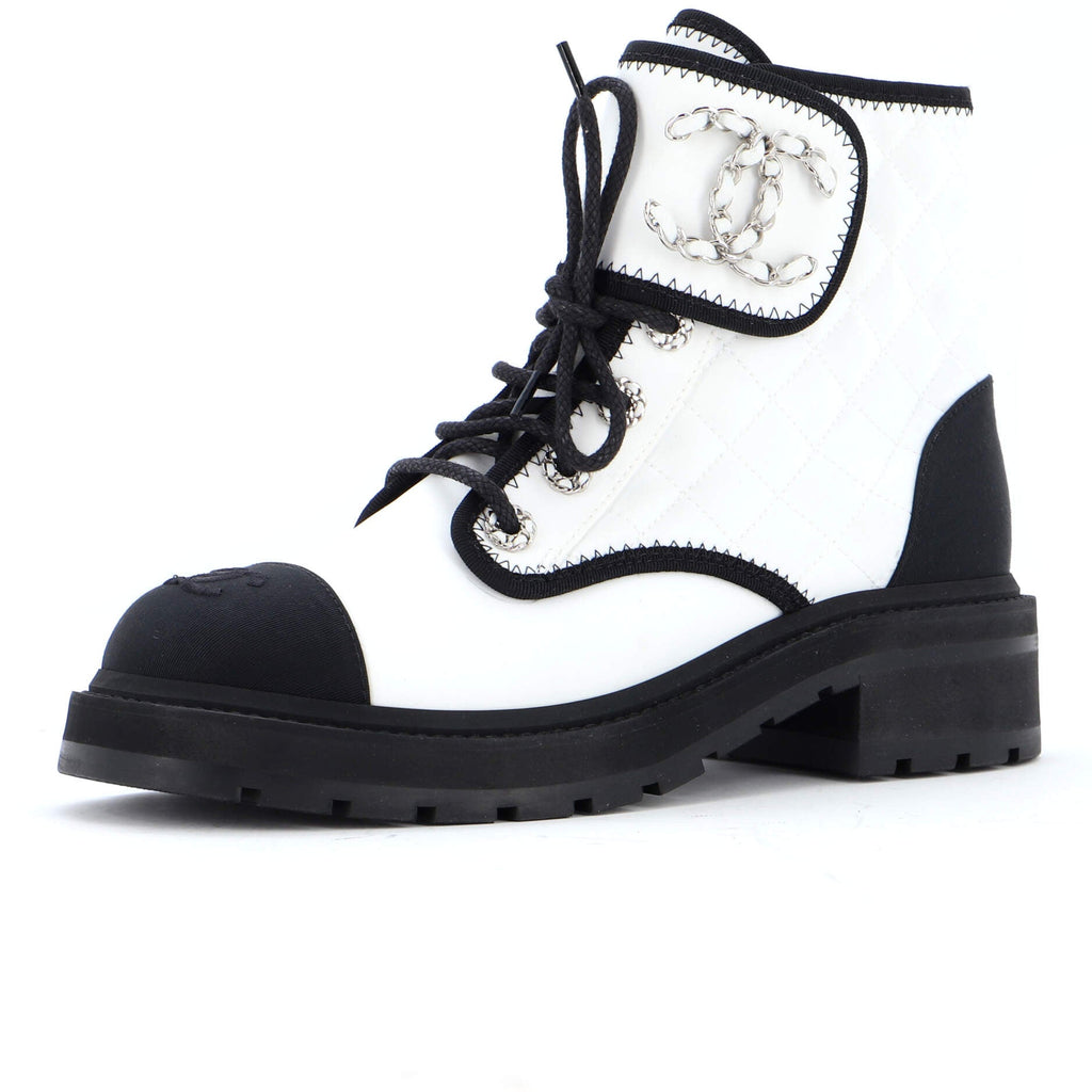 Women's Chain CC Cap Toe Lace Up Combat Boots Quilted Fabric and Grosgrain