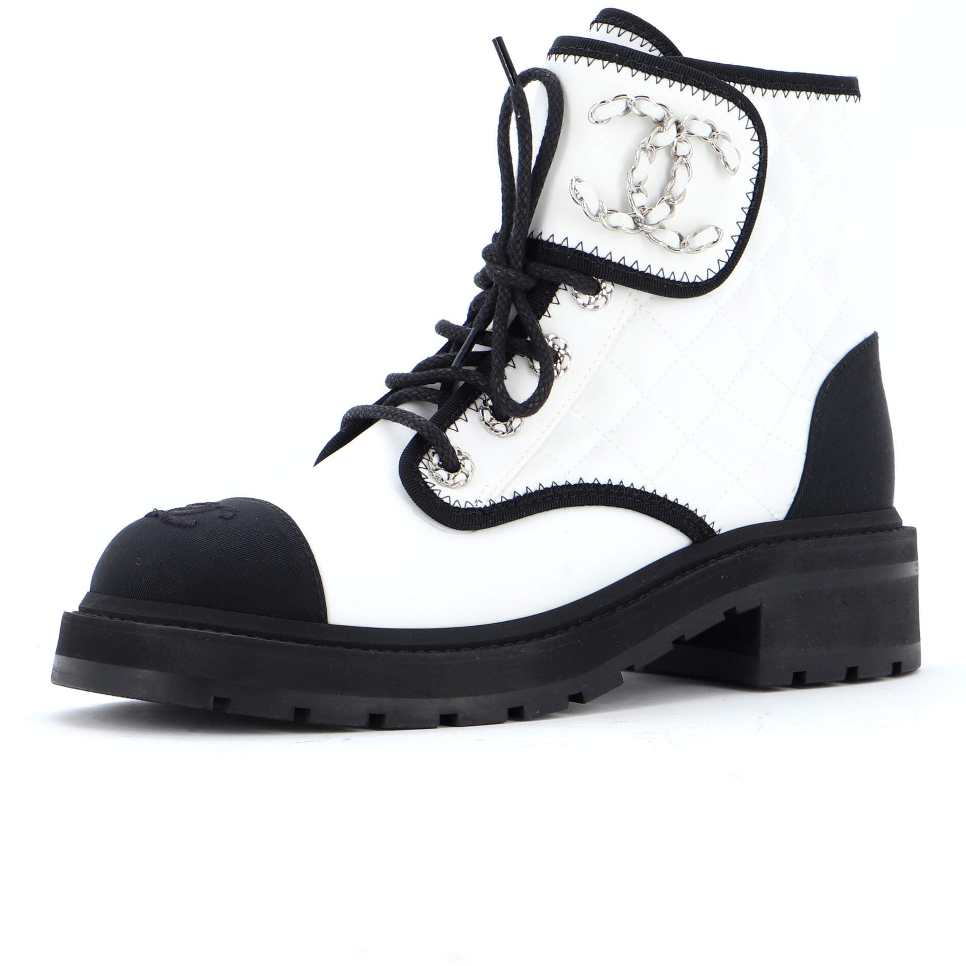 Women's Chain CC Cap Toe Lace Up Combat Boots Quilted Fabric and Grosgrain