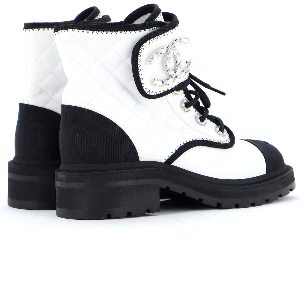 Women's Chain CC Cap Toe Lace Up Combat Boots Quilted Fabric and Grosgrain