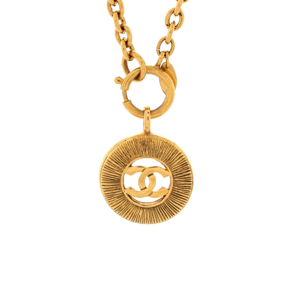 Vintage CC Round Pendant Long Necklace Metal
