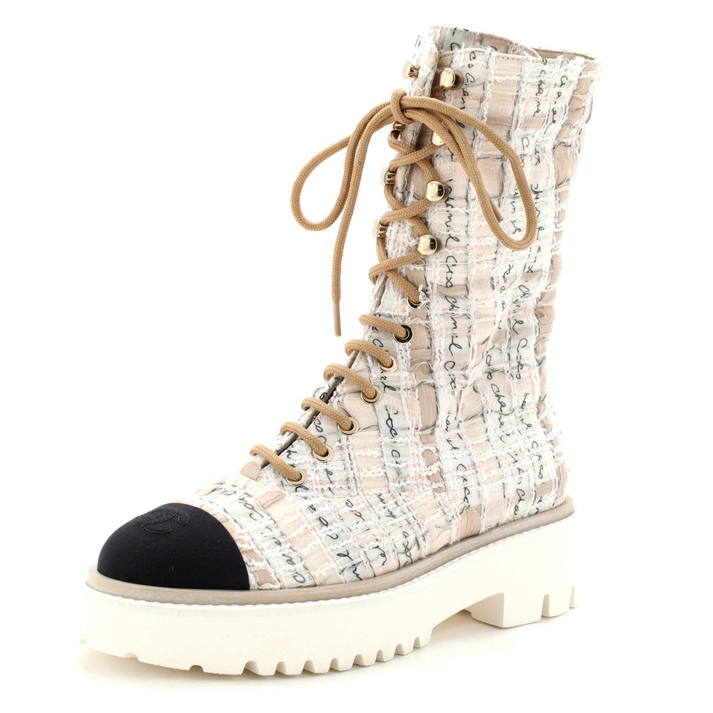 Women's Logo Cap Toe Lace Up Combat Boots Tweed and Grosgrain