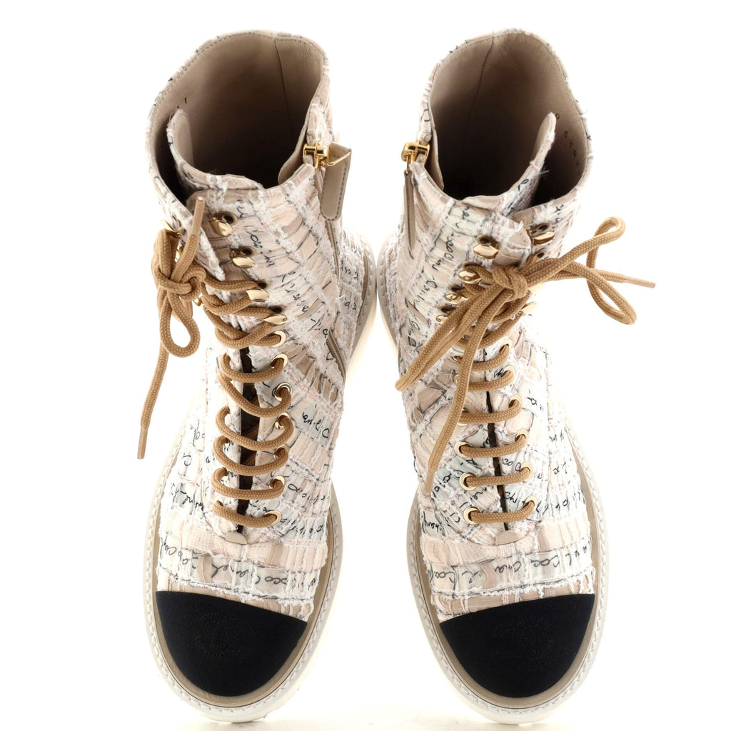 Women's Logo Cap Toe Lace Up Combat Boots Tweed and Grosgrain