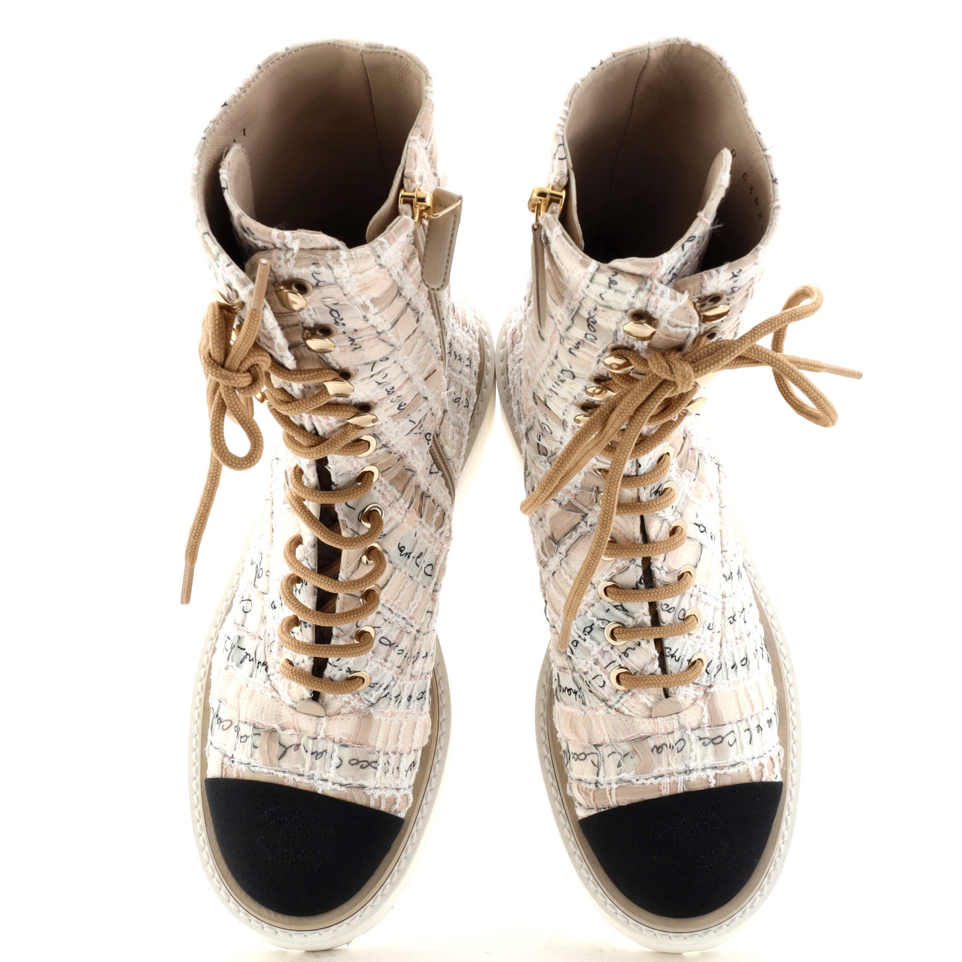 Women's Logo Cap Toe Lace Up Combat Boots Tweed and Grosgrain