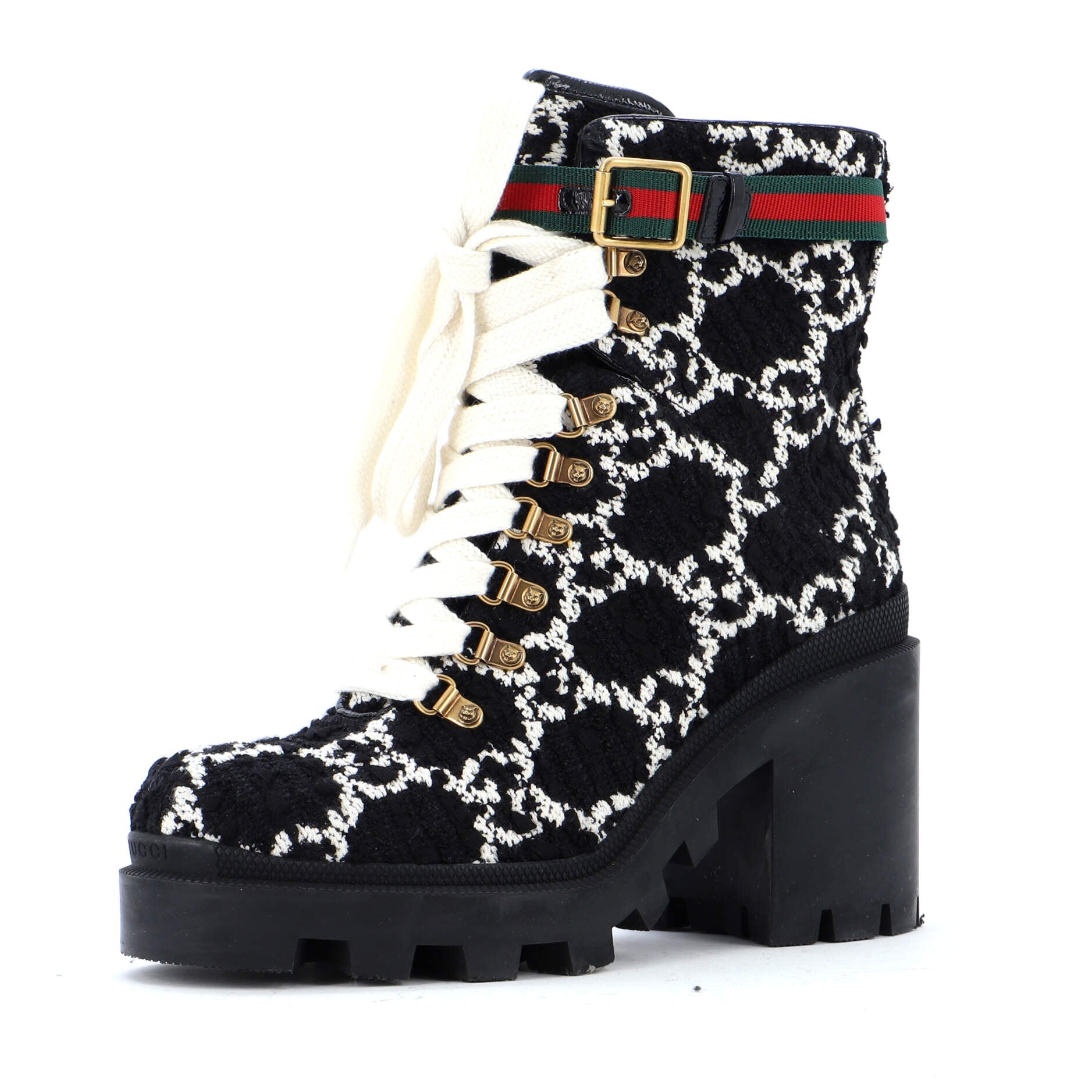 Women's Heeled Lace Up Combat Ankle Boots GG Tweed