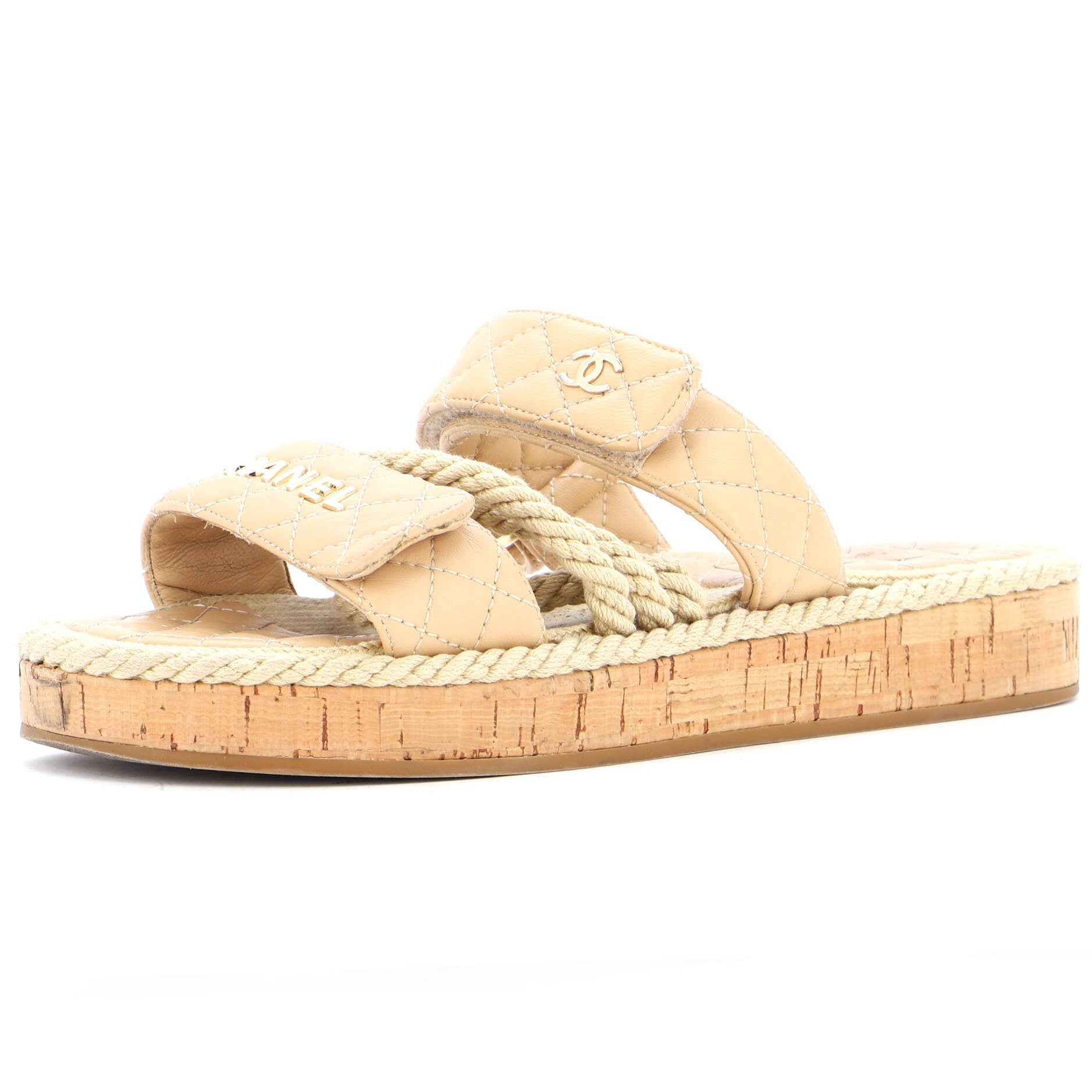 Women's Cord Velcro Mule Sandals Quilted Leather