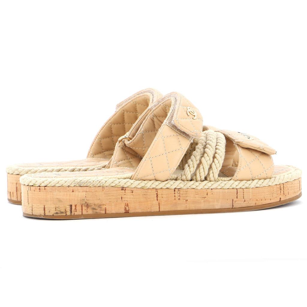 Women's Cord Velcro Mule Sandals Quilted Leather