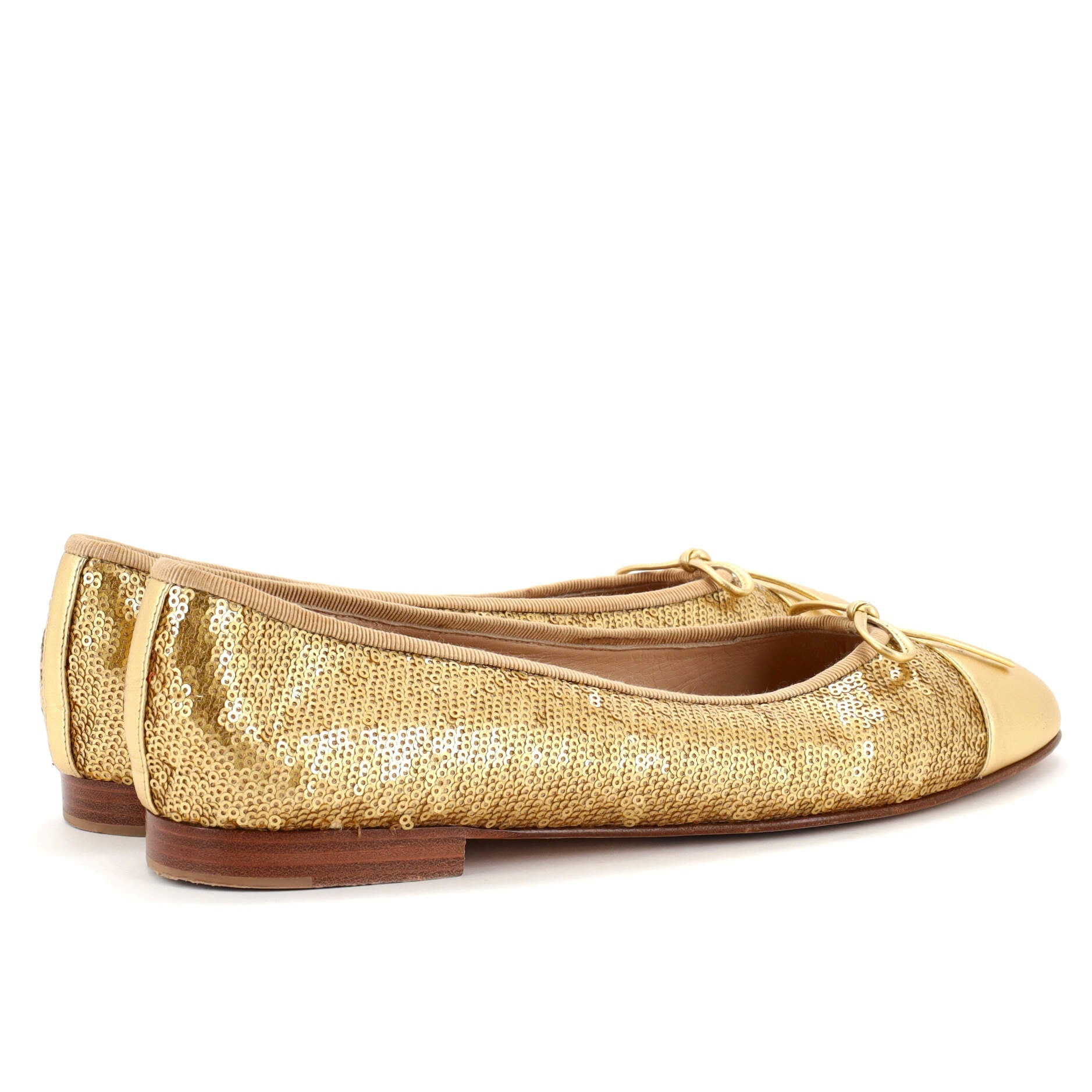 Women's CC Cap Toe Bow Ballerina Flats Sequins and Leather