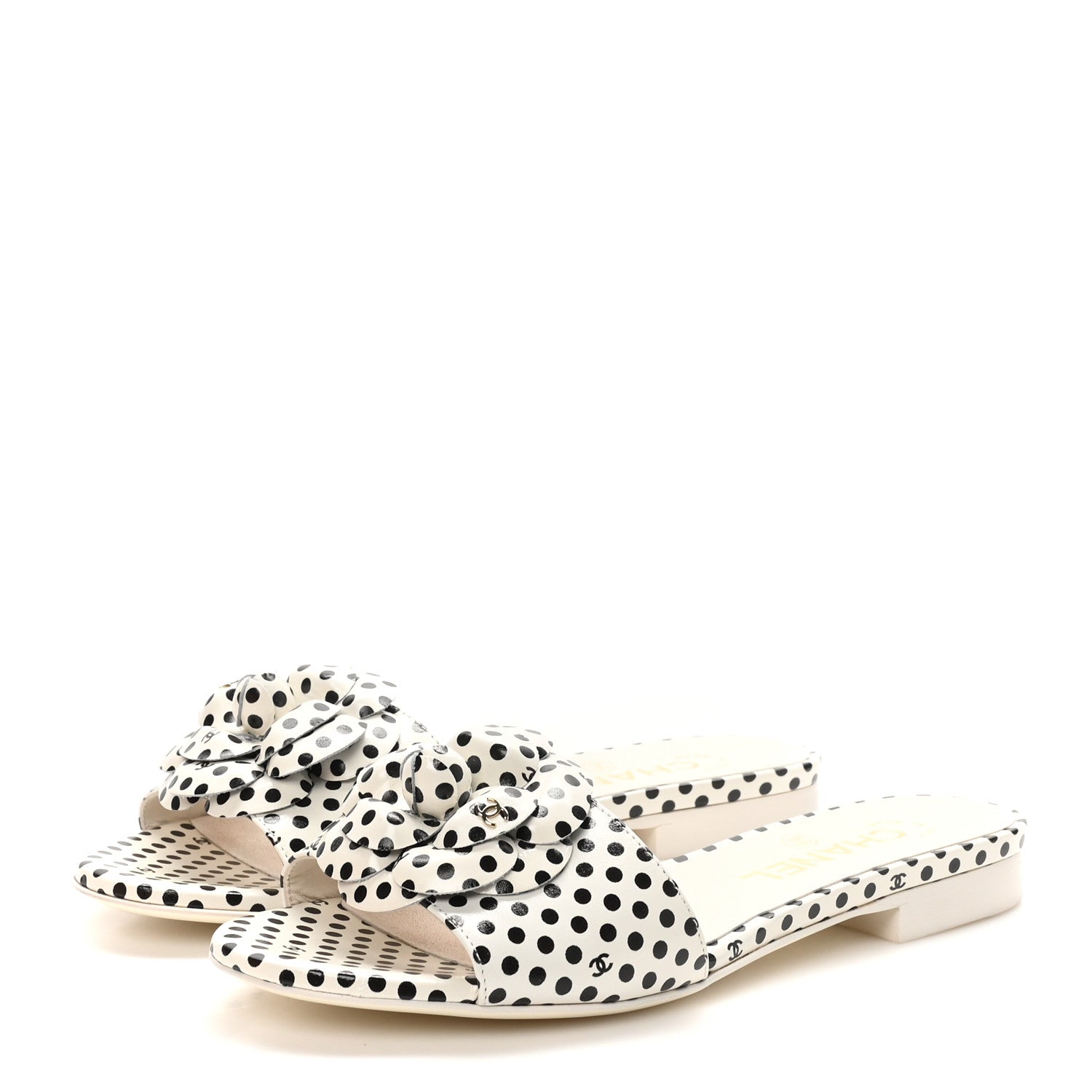 Calfskin Printed Camellia CC Slides 36 Ivory Black