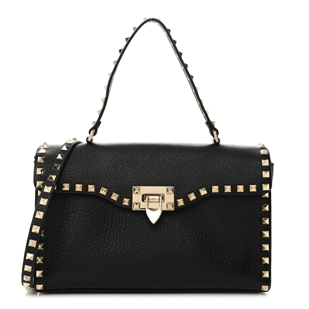 Pebbled Calfskin Rockstud Flip Lock Top Handle Bag Black