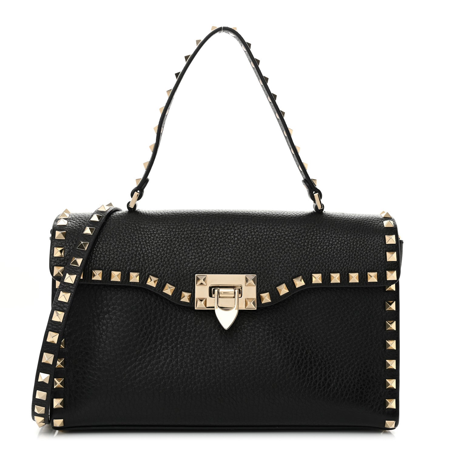 Pebbled Calfskin Rockstud Flip Lock Top Handle Bag Black