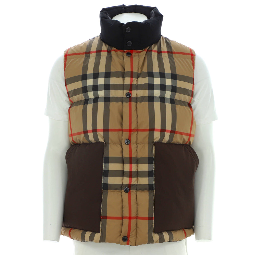 Men's Two Pocket Puffer Vest Printed Check Polyester and Cotton with Down