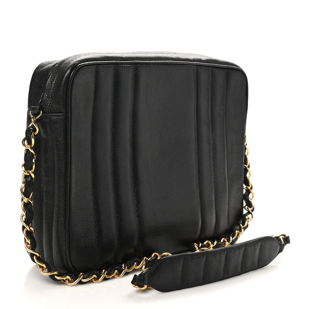 Caviar Vertical Quilted Flap Camera Bag Black