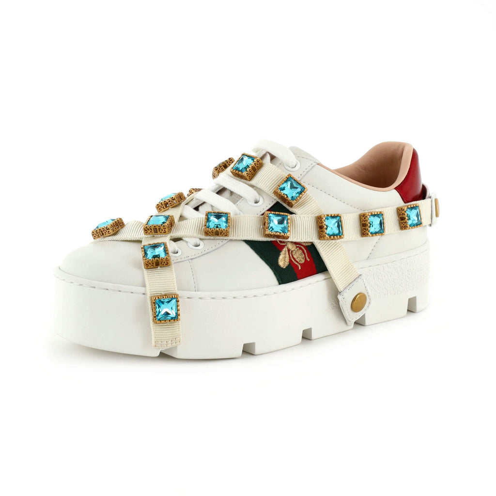 Women's Ace Web Platform Sneakers Leather with Removable Crystals