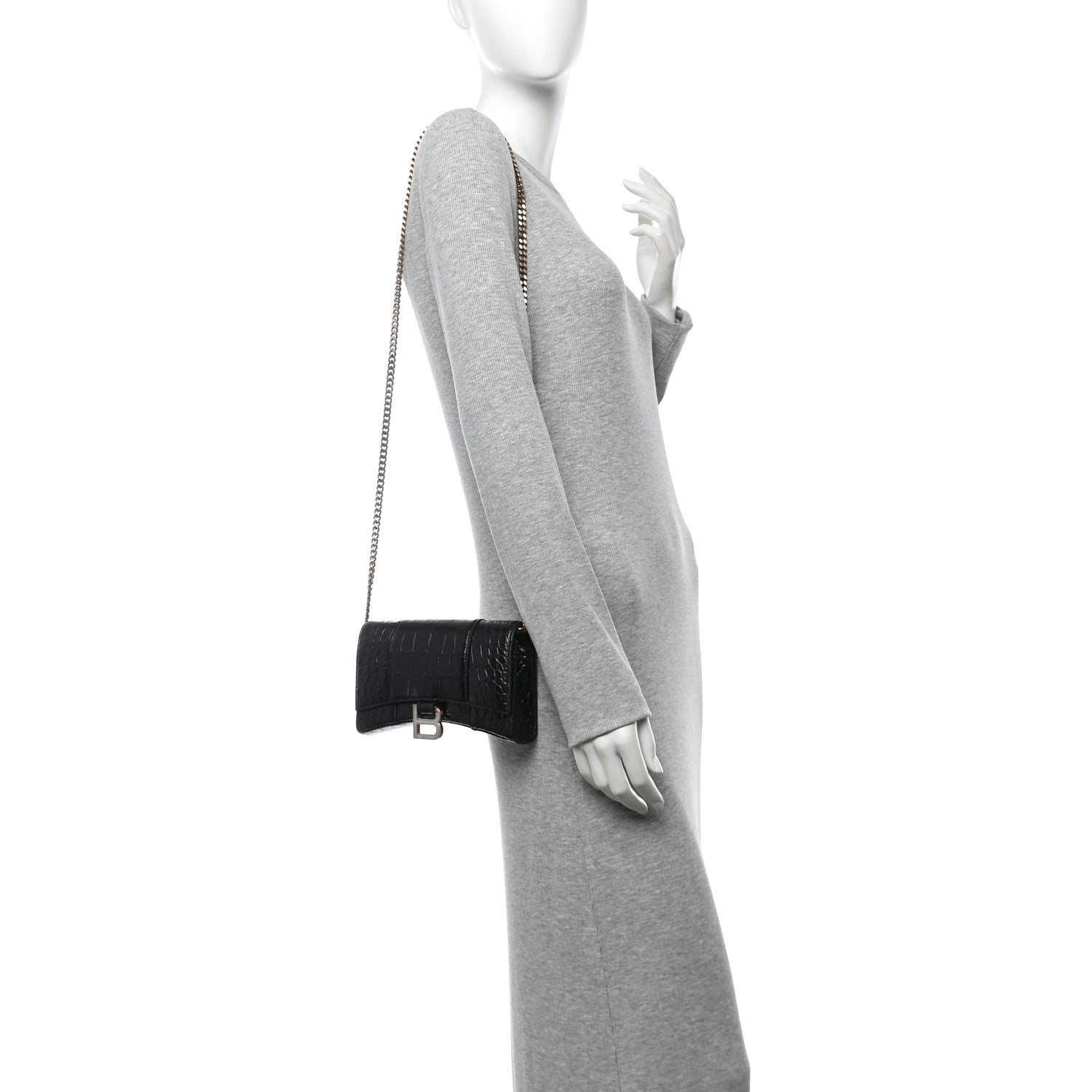 Shiny Calfskin Crocodile Embossed Hourglass Chain Bag Black