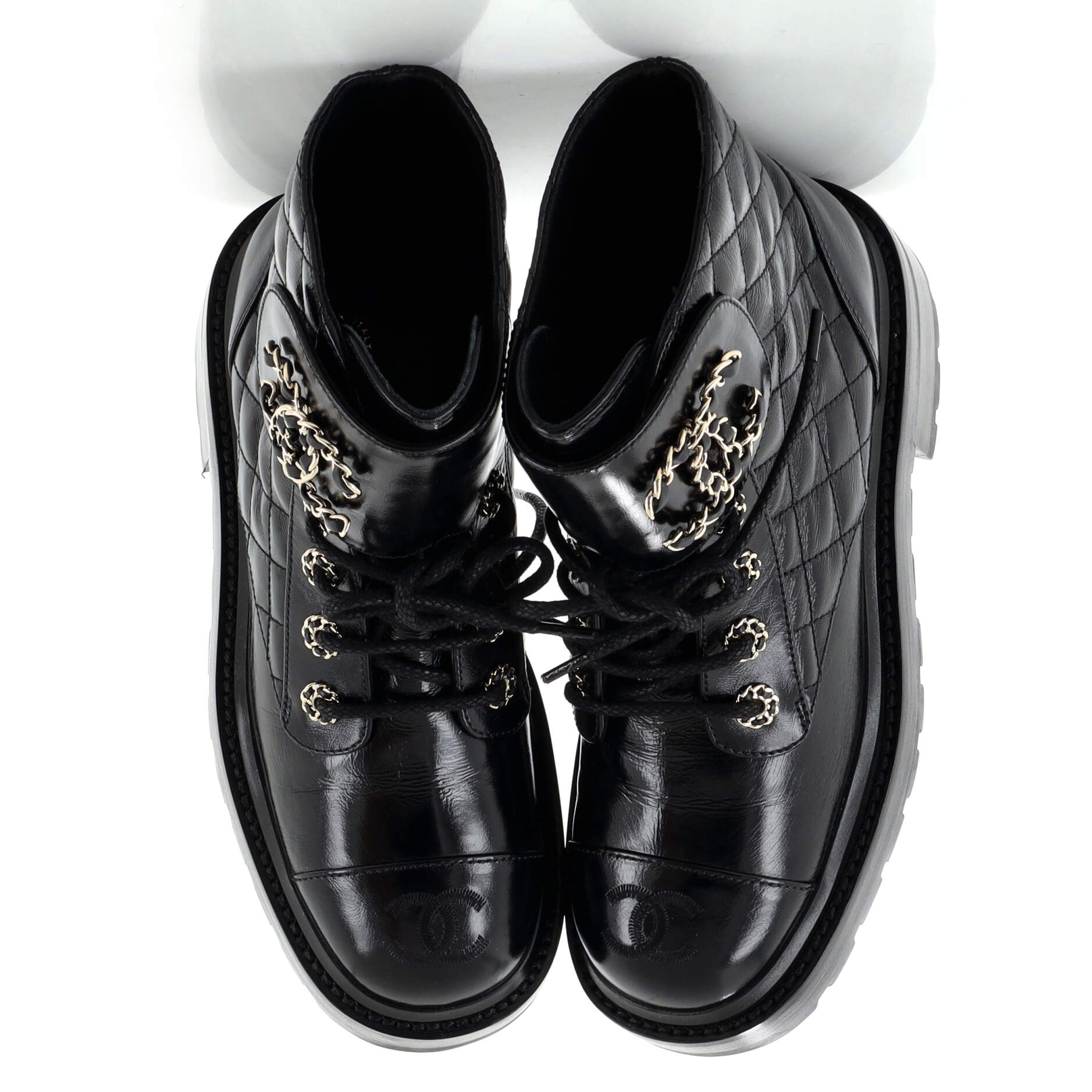 Women's Chain CC Cap Toe Lace Up Combat Boots Quilted Shiny Calfskin