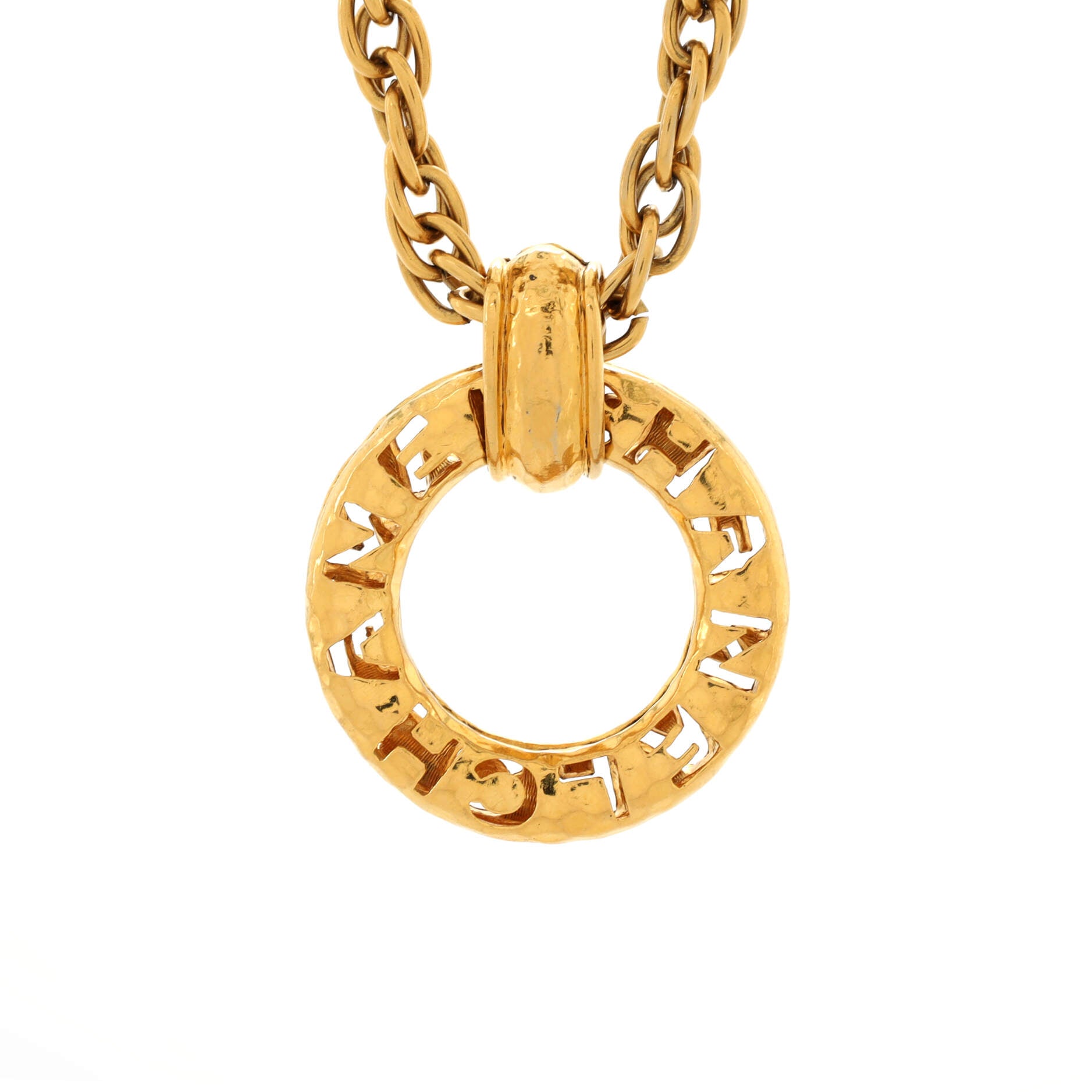 Vintage CC Round Logo Ring Pendant Long Necklace Metal