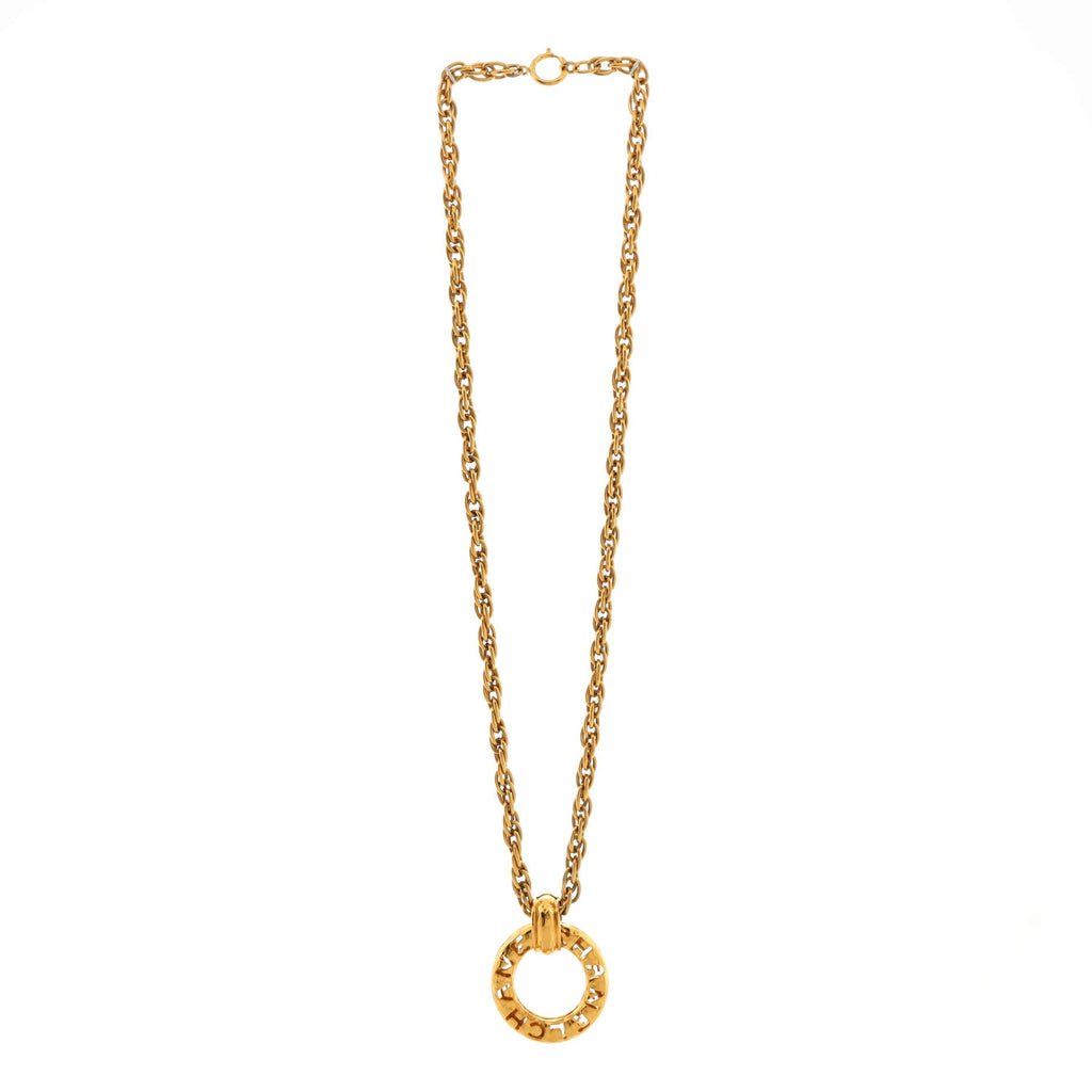 Vintage CC Round Logo Ring Pendant Long Necklace Metal