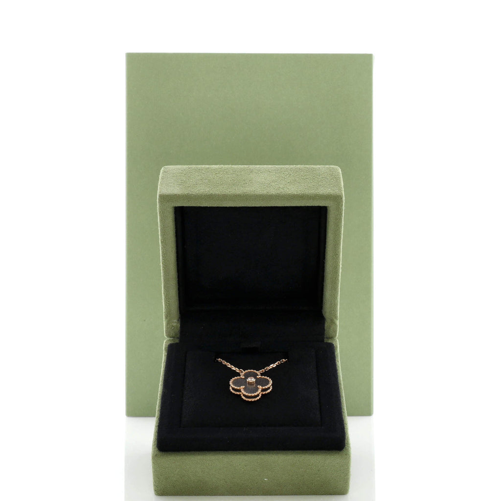 Vintage Alhambra Pendant Necklace 18K Rose Gold and Silver Obsidian with Diamond