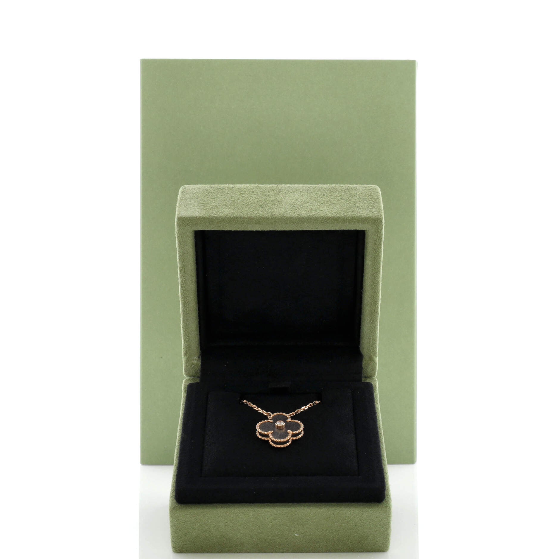 Vintage Alhambra Pendant Necklace 18K Rose Gold and Silver Obsidian with Diamond