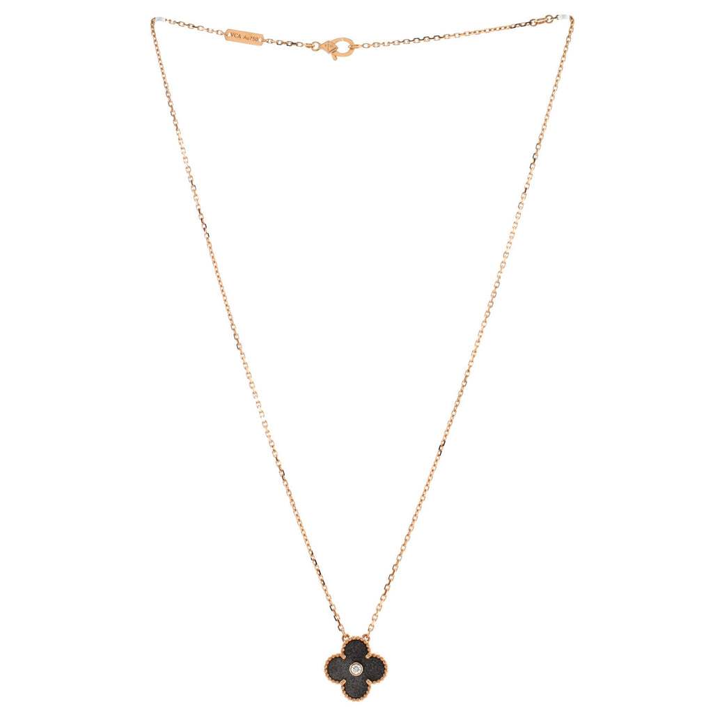 Vintage Alhambra Pendant Necklace 18K Rose Gold and Silver Obsidian with Diamond