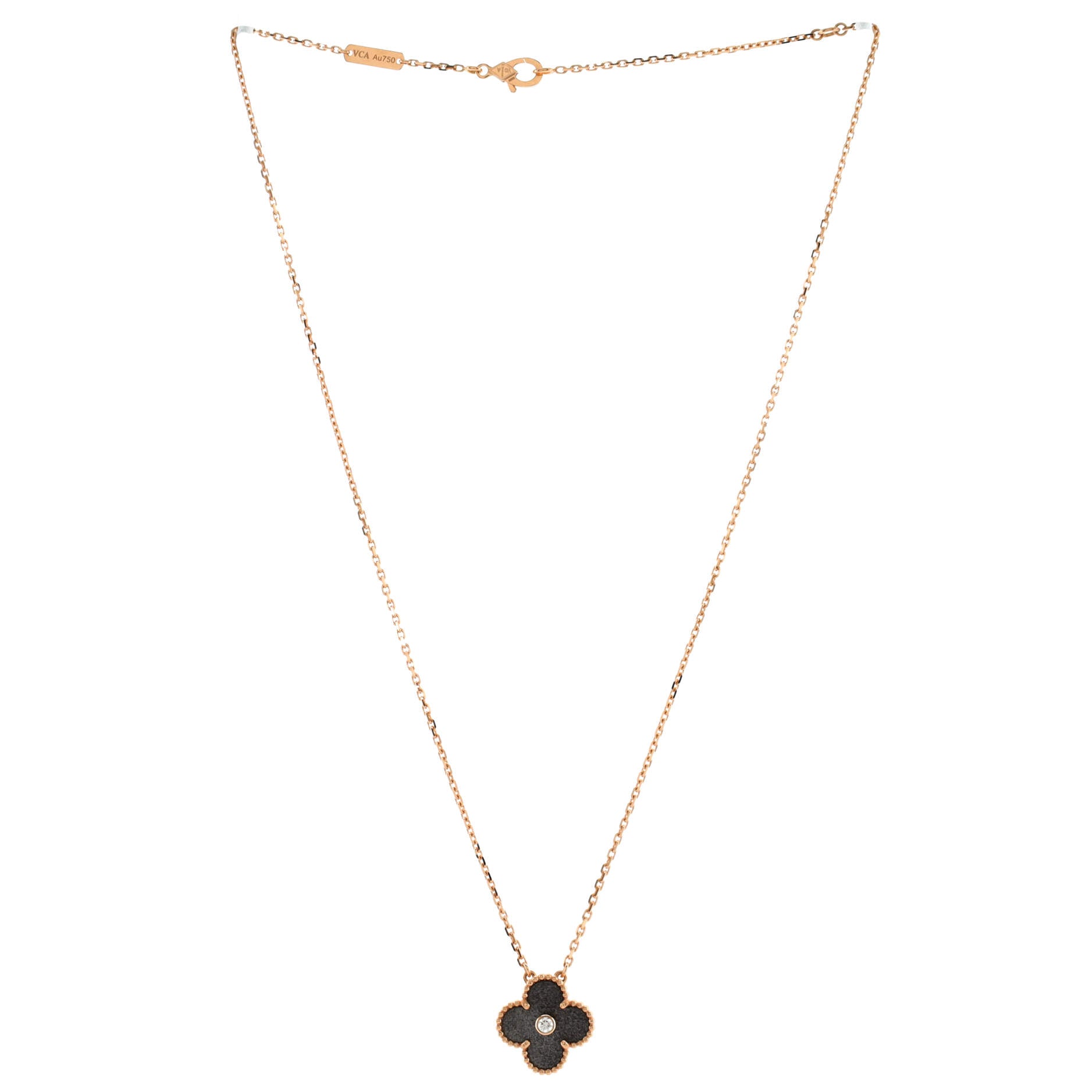 Vintage Alhambra Pendant Necklace 18K Rose Gold and Silver Obsidian with Diamond
