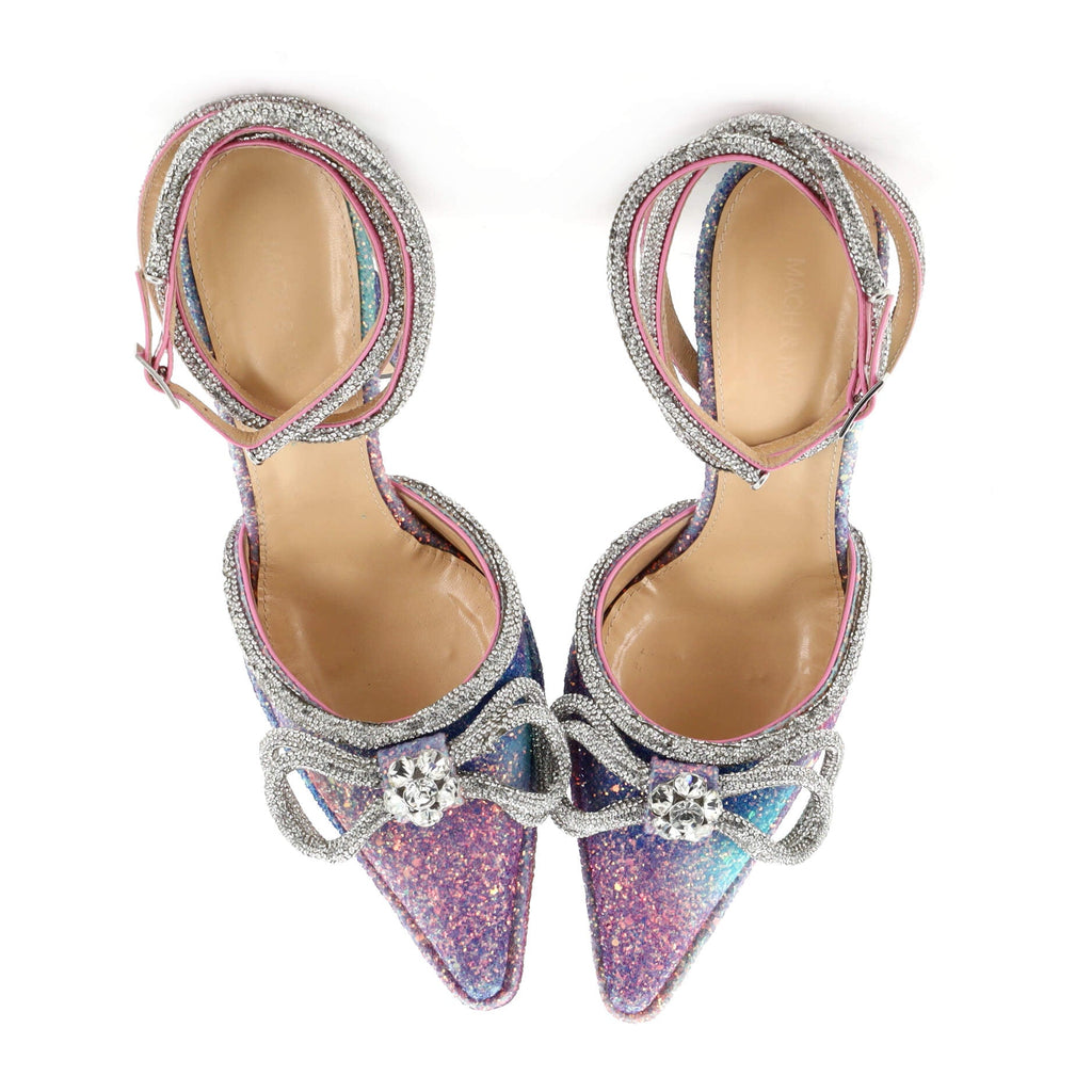 Women's Double Bow Ankle Strap Platform Pumps Glitter 140