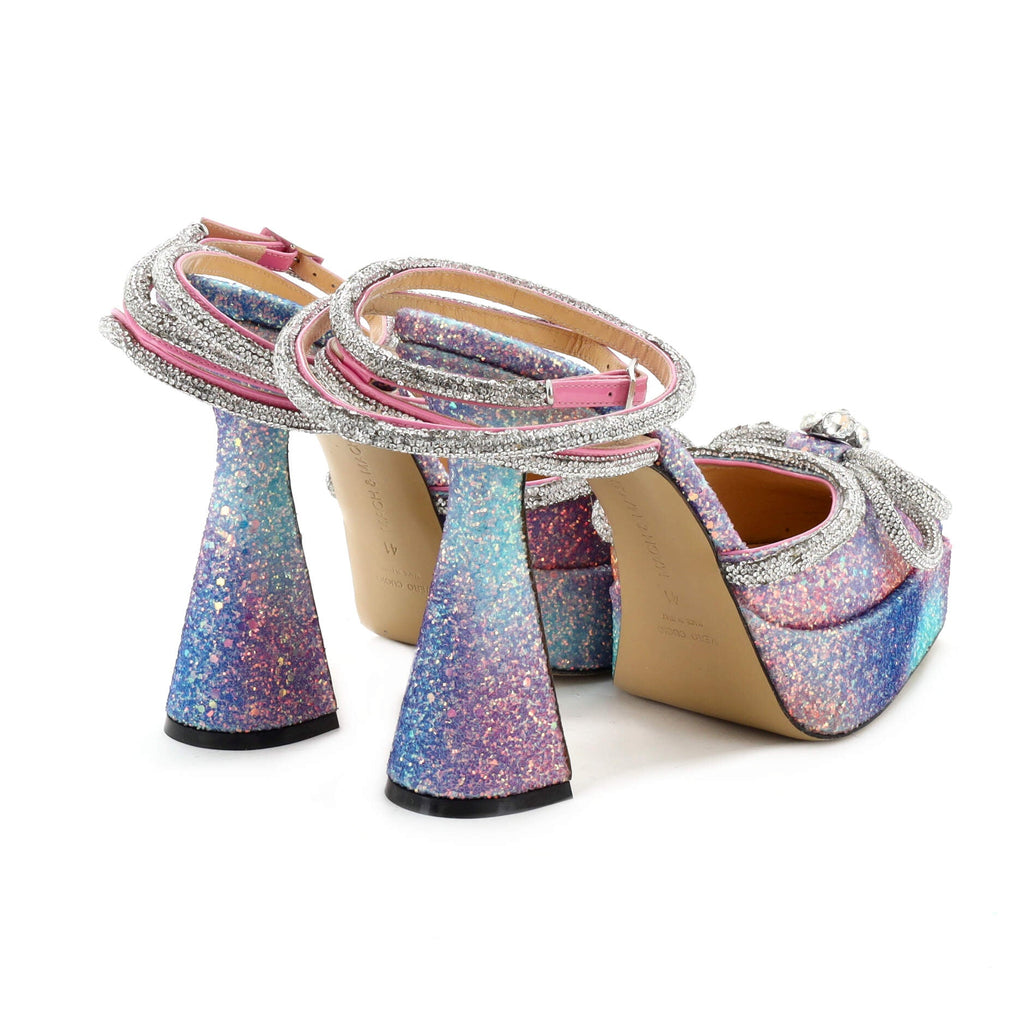 Women's Double Bow Ankle Strap Platform Pumps Glitter 140