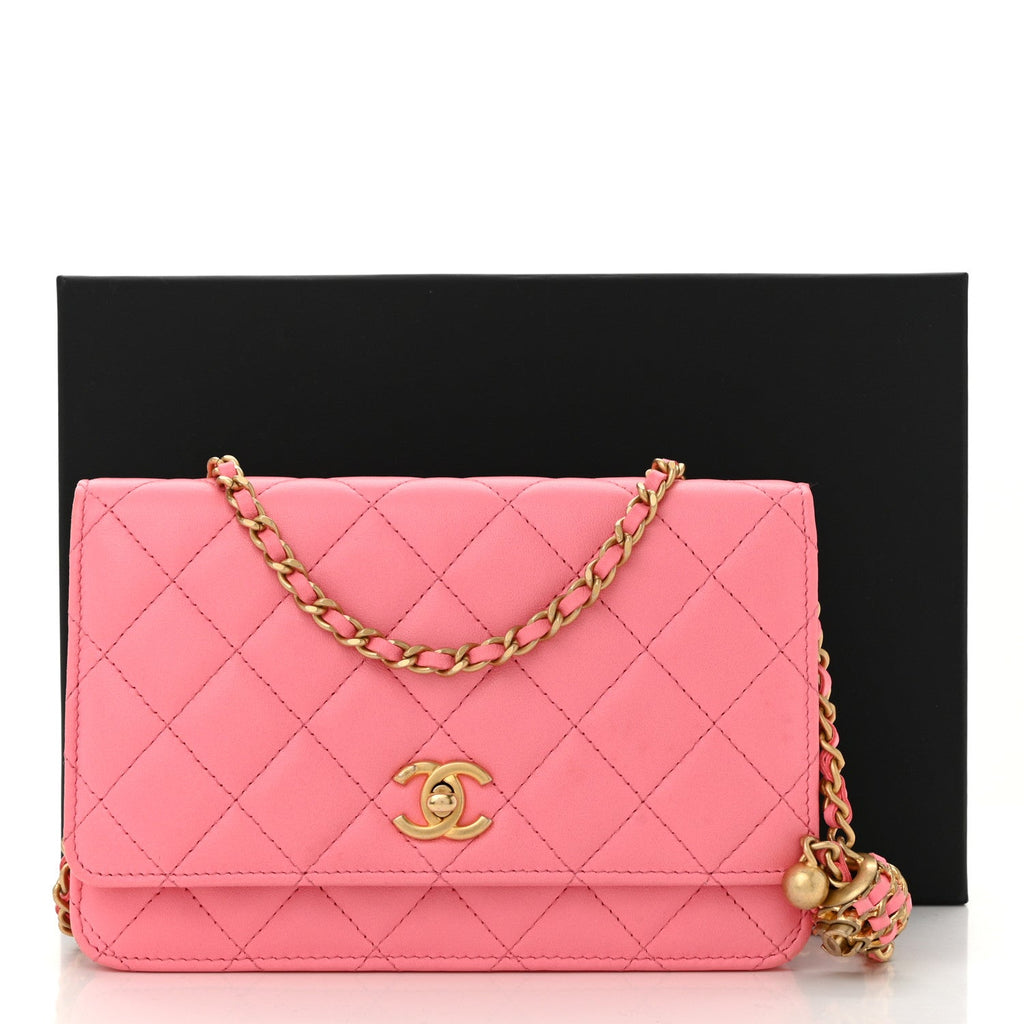 Lambskin Quilted CC Pearl Crush Wallet on Chain WOC Pink