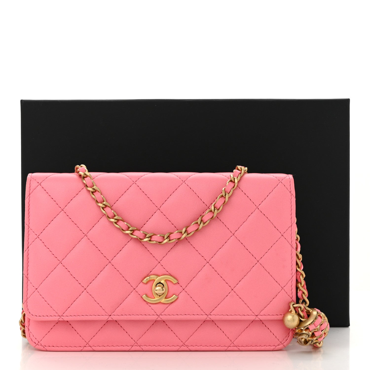 Lambskin Quilted CC Pearl Crush Wallet on Chain WOC Pink
