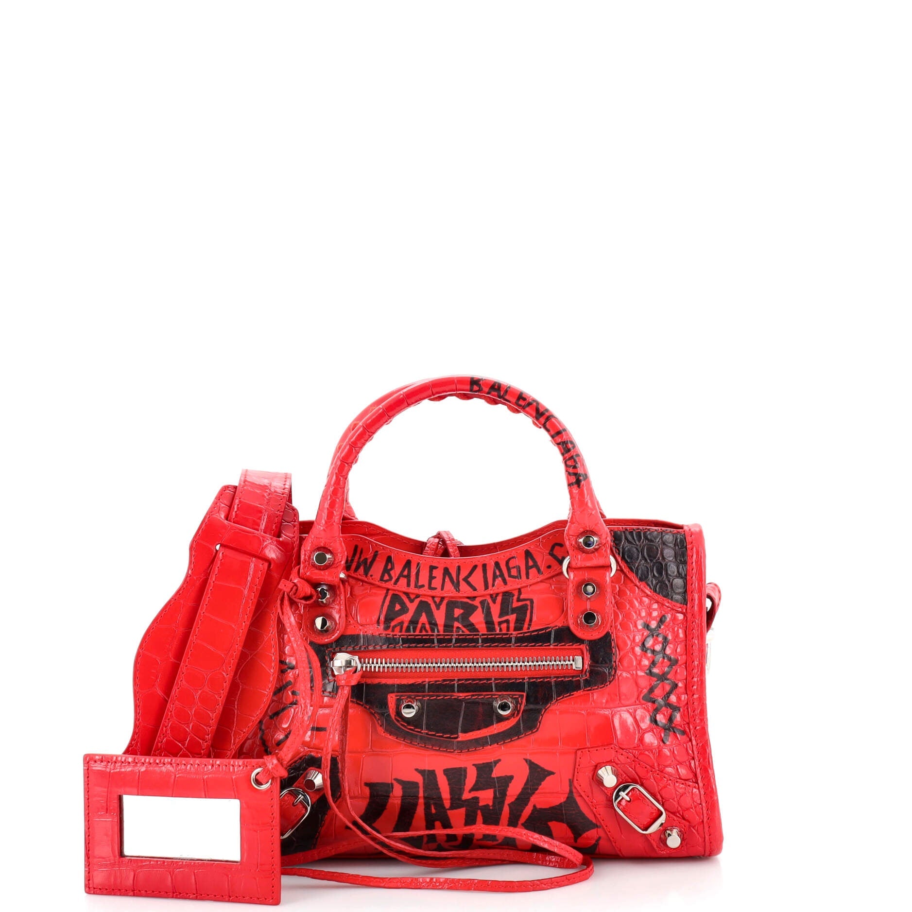 City Graffiti Classic Studs Bag Crocodile Embossed Leather Mini